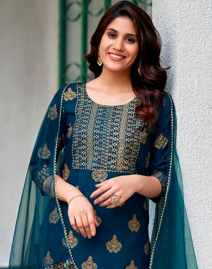 Teal Blue Cotton Kurta Set with Dupatta