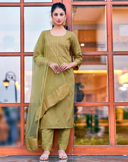 Khaki Printed Cotton Straight Kurta Set with Dupatta