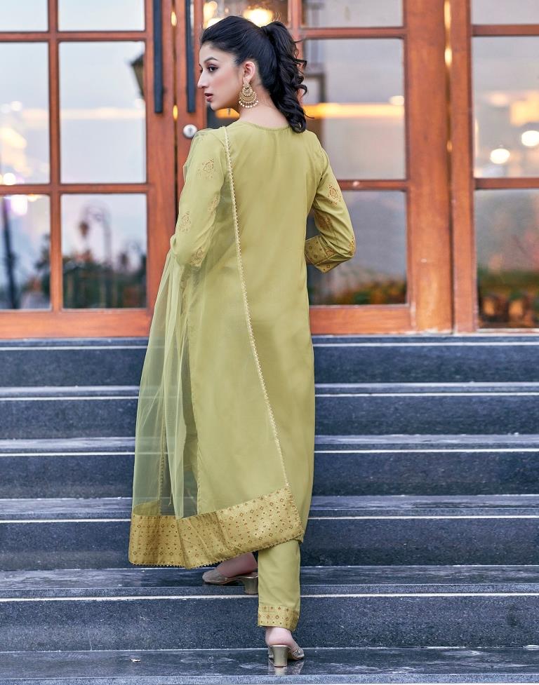 Khaki Printed Cotton Straight Kurta Set with Dupatta