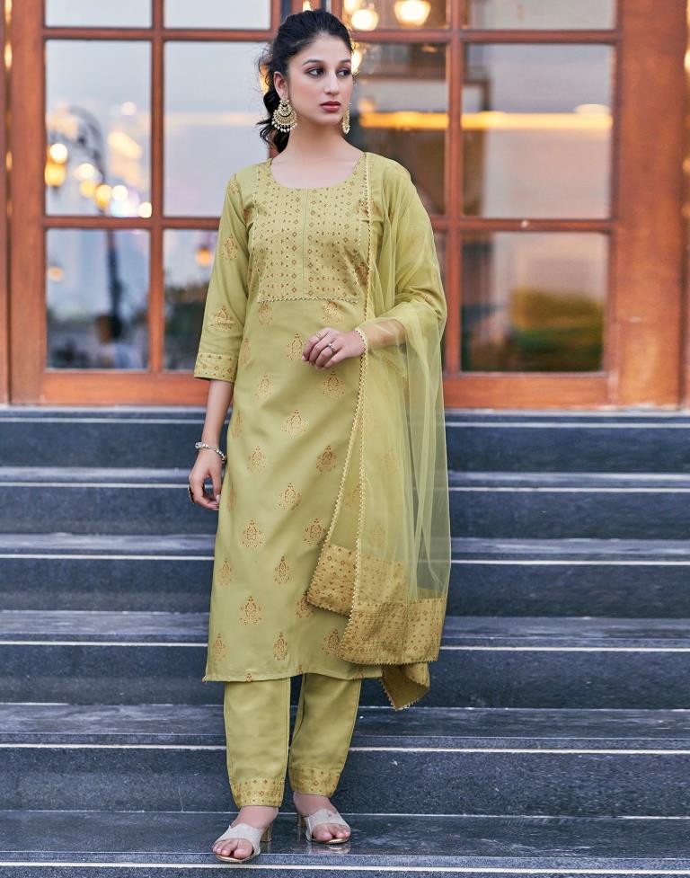 Khaki Printed Cotton Straight Kurta Set with Dupatta