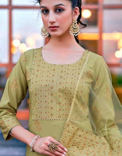 Khaki Printed Cotton Straight Kurta Set with Dupatta