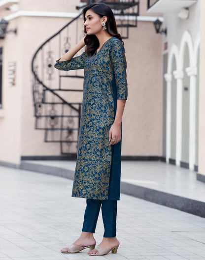 Sea Blue Polyester Printed Straight Kurta Set