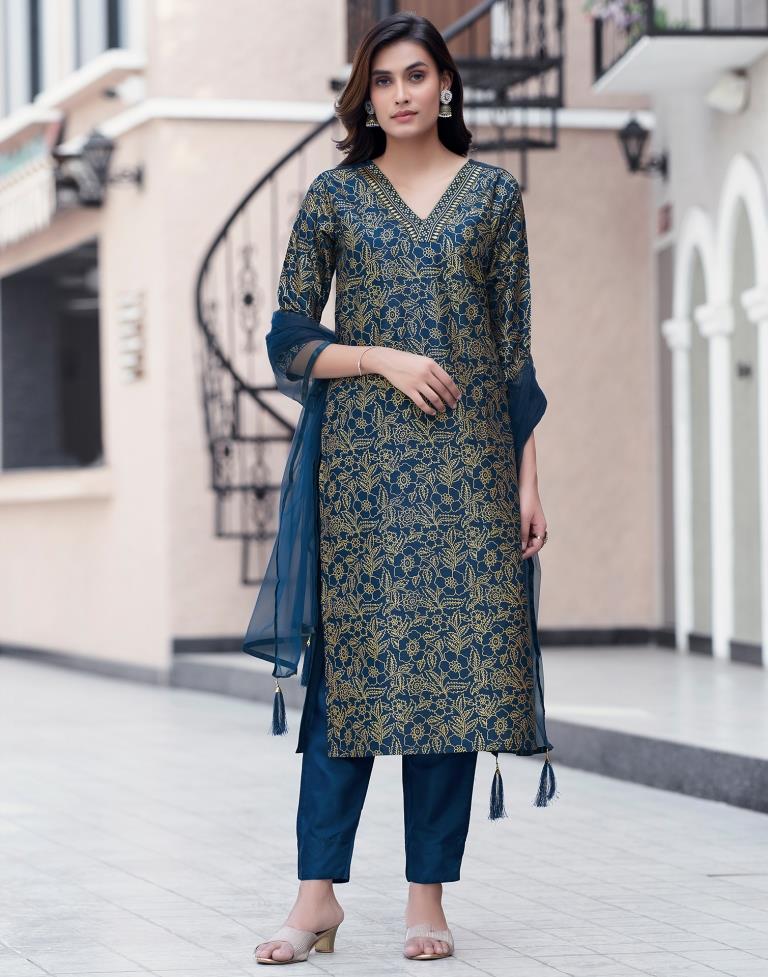 Sea Blue Polyester Printed Straight Kurta Set