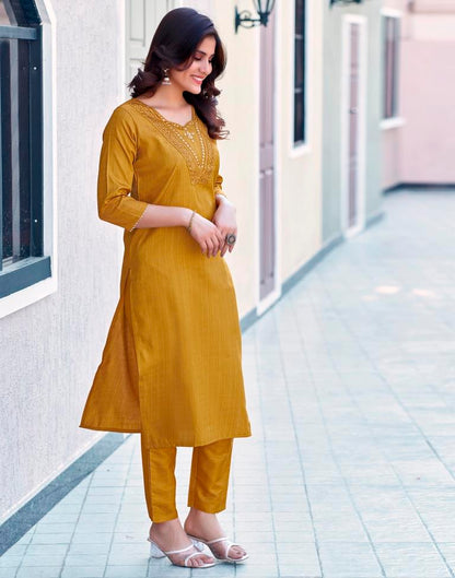 Mustard Yellow Silk Embroidery Straight Kurta Set