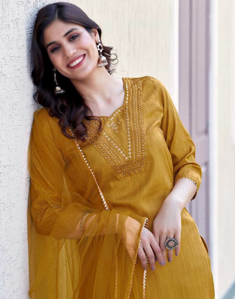 Mustard Yellow Silk Embroidery Straight Kurta Set