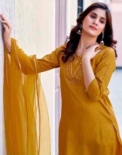 Mustard Yellow Silk Embroidery Straight Kurta Set