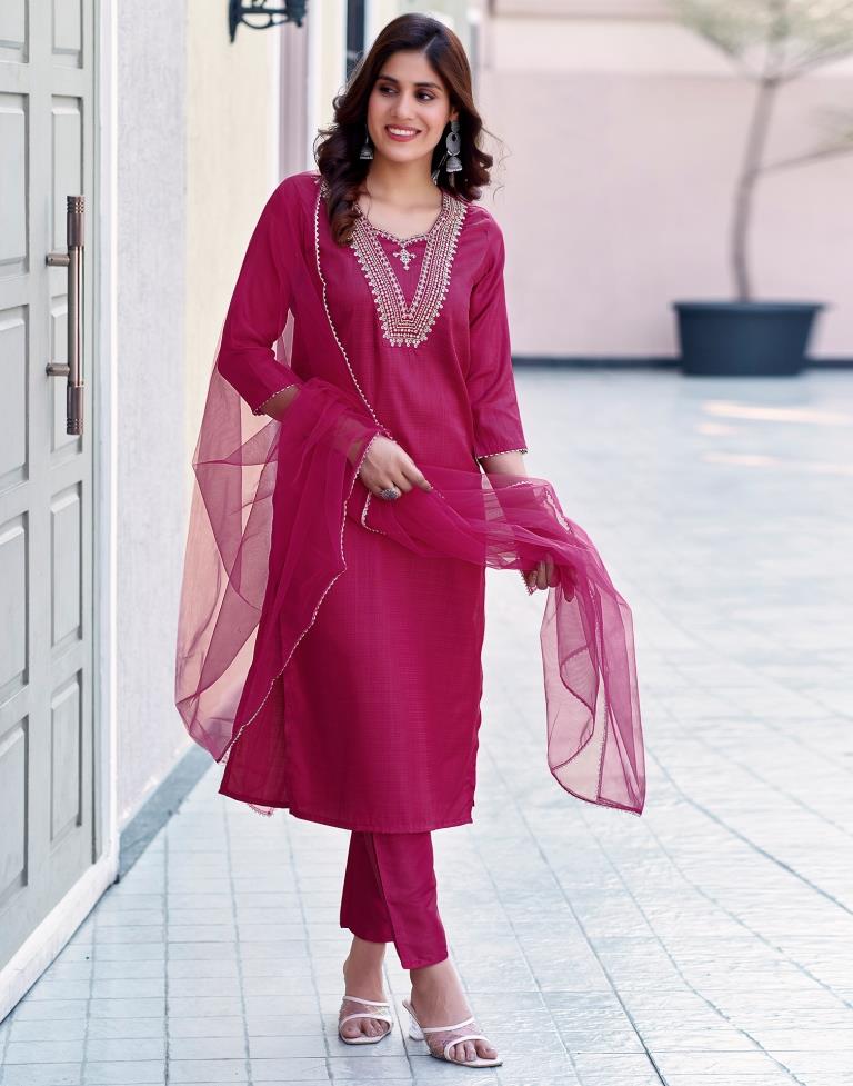 Magenta Silk Embroidery Straight Kurta Set