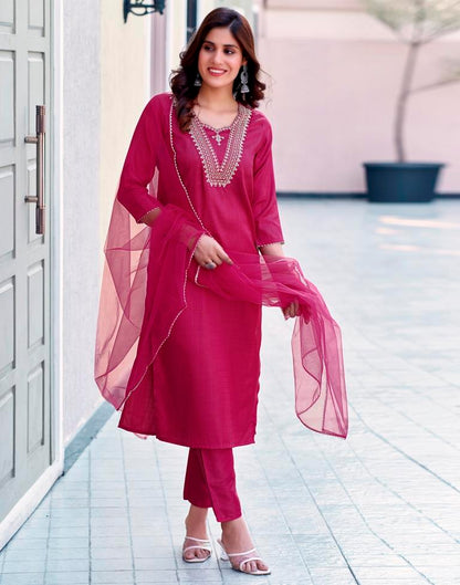 Magenta Silk Embroidery Straight Kurta Set