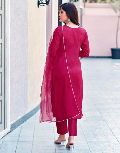 Magenta Silk Embroidery Straight Kurta Set