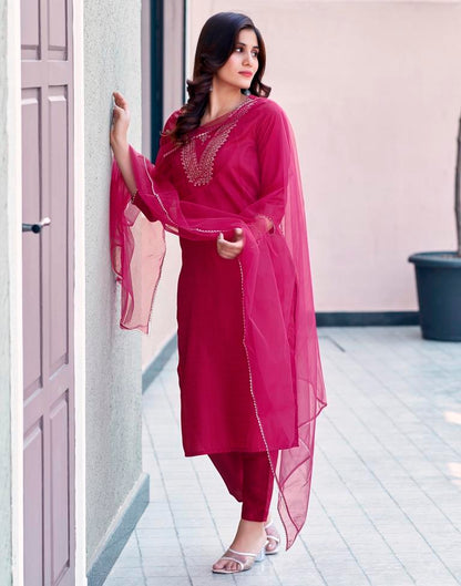 Magenta Silk Embroidery Straight Kurta Set