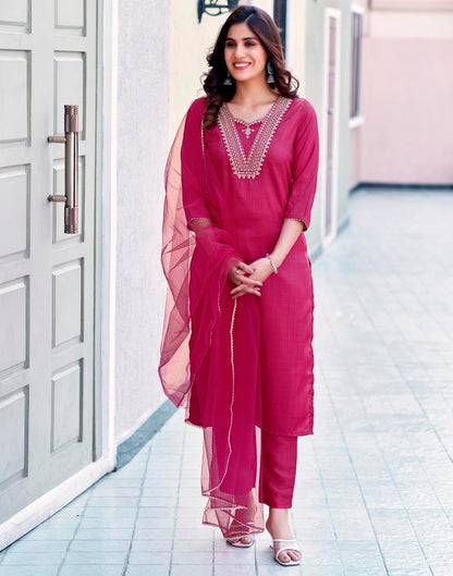 Magenta Silk Embroidery Straight Kurta Set