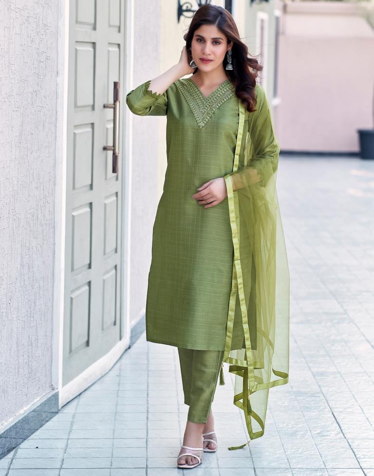 Olive Green Silk Embroidery Straight Kurta Set