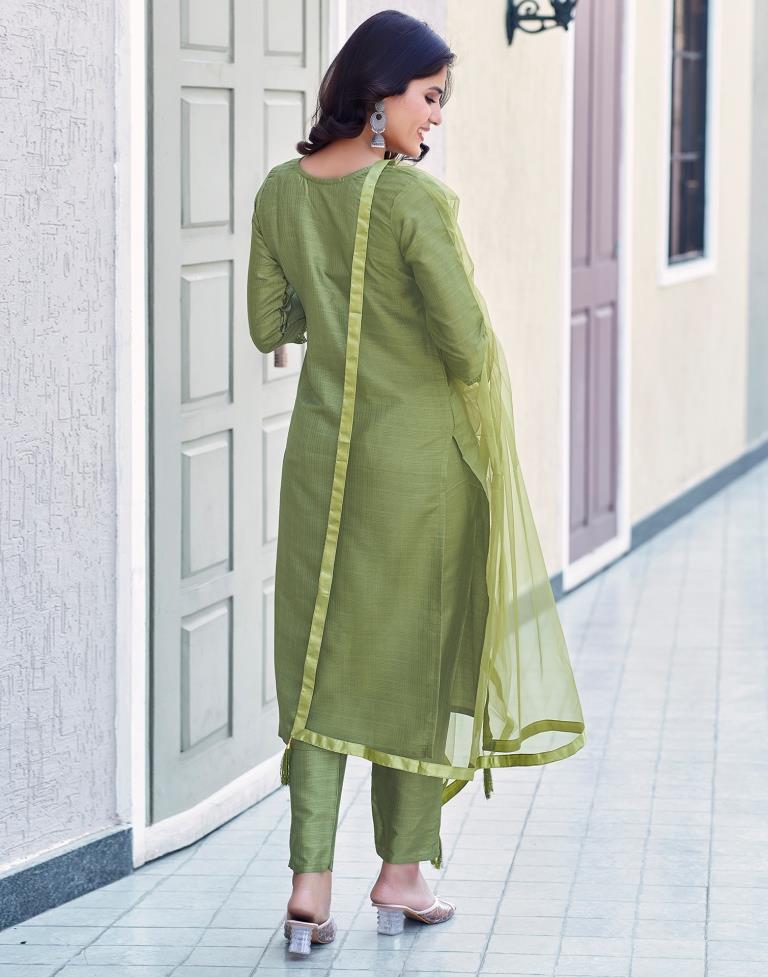 Olive Green Silk Embroidery Straight Kurta Set