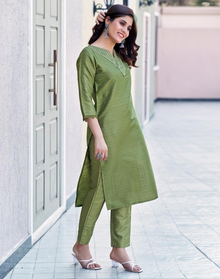 Olive Green Silk Embroidery Straight Kurta Set