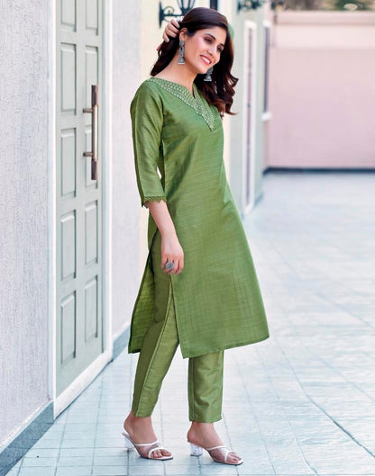 Olive Green Silk Embroidery Straight Kurta Set