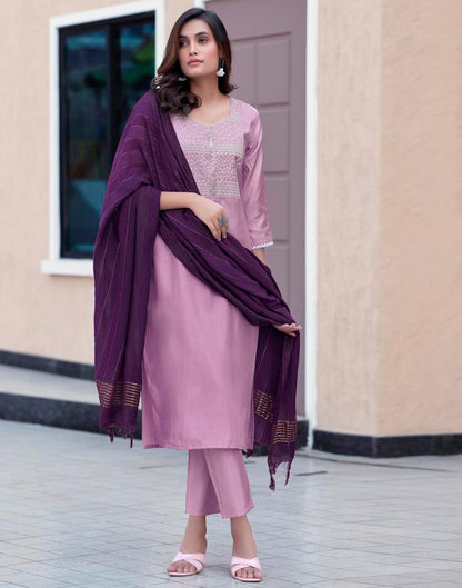 Dark Purple Silk Embroidery Straight Kurta Set