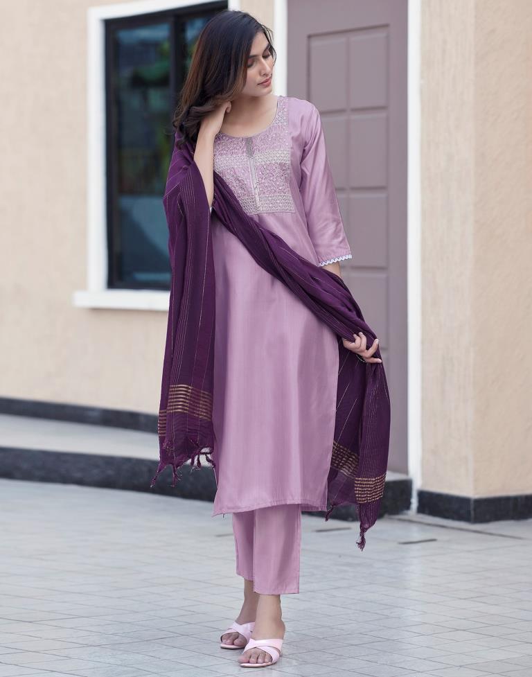 Dark Purple Silk Embroidery Straight Kurta Set