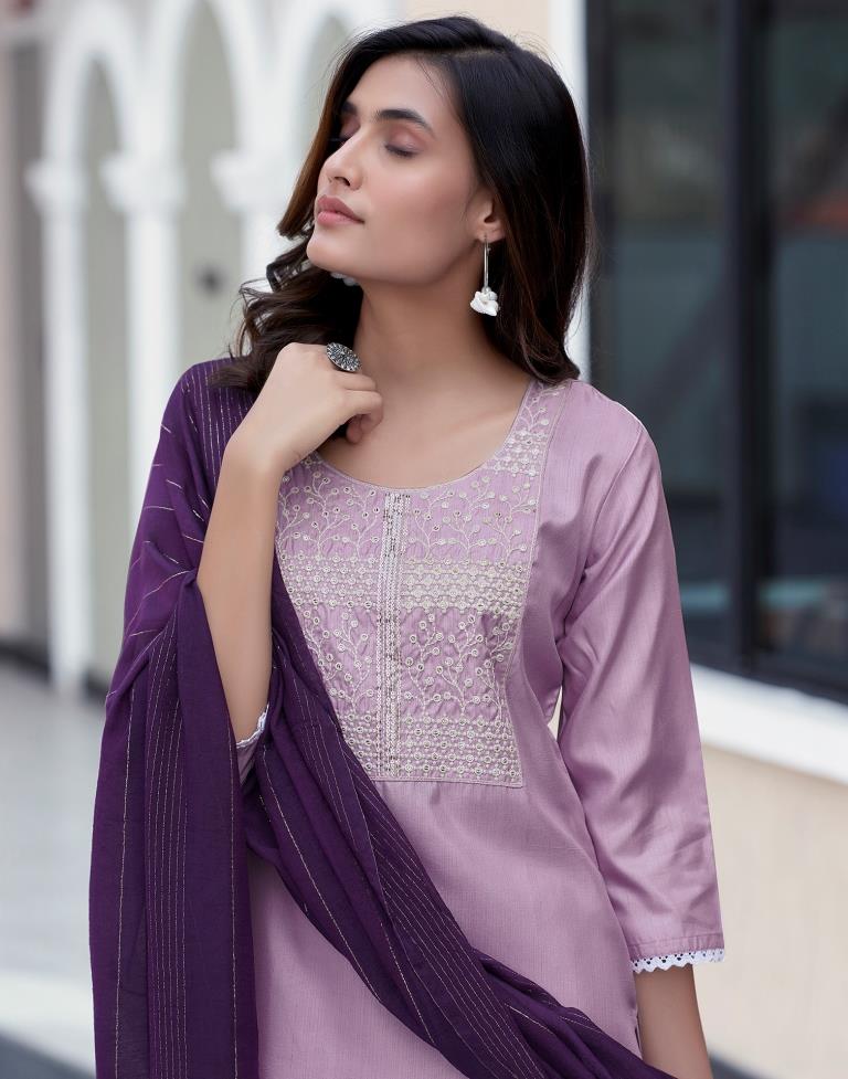 Dark Purple Silk Embroidery Straight Kurta Set