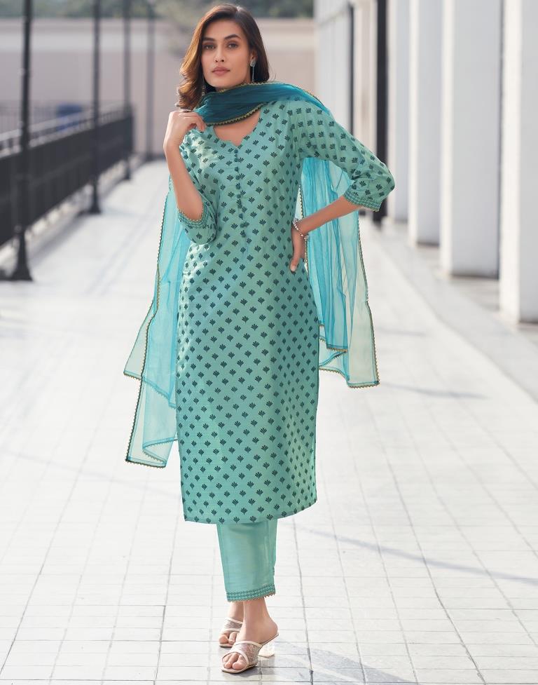 Teal Blue Silk Printed Straight Kurta Set