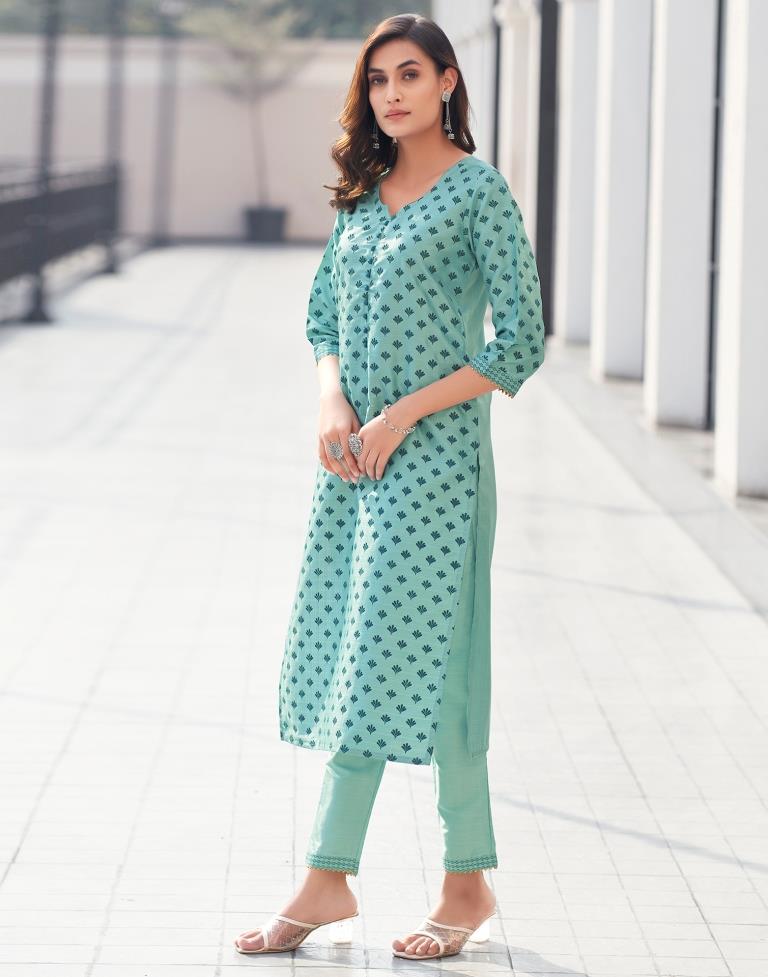 Teal Blue Silk Printed Straight Kurta Set