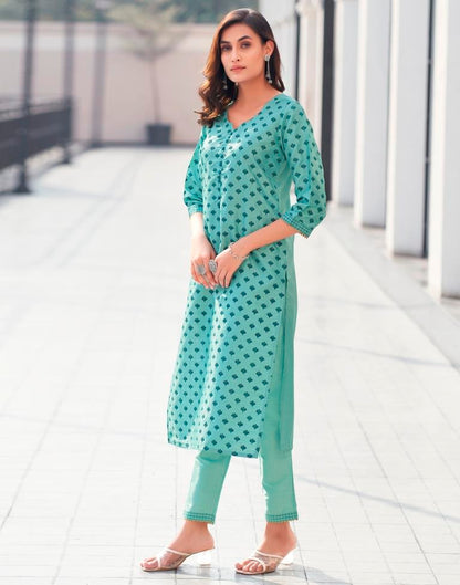 Teal Blue Silk Printed Straight Kurta Set