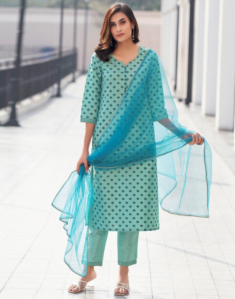 Teal Blue Silk Printed Straight Kurta Set