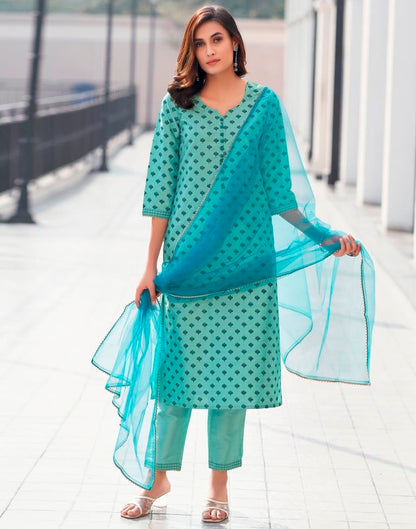 Teal Blue Silk Printed Straight Kurta Set