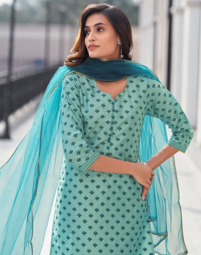 Teal Blue Silk Printed Straight Kurta Set