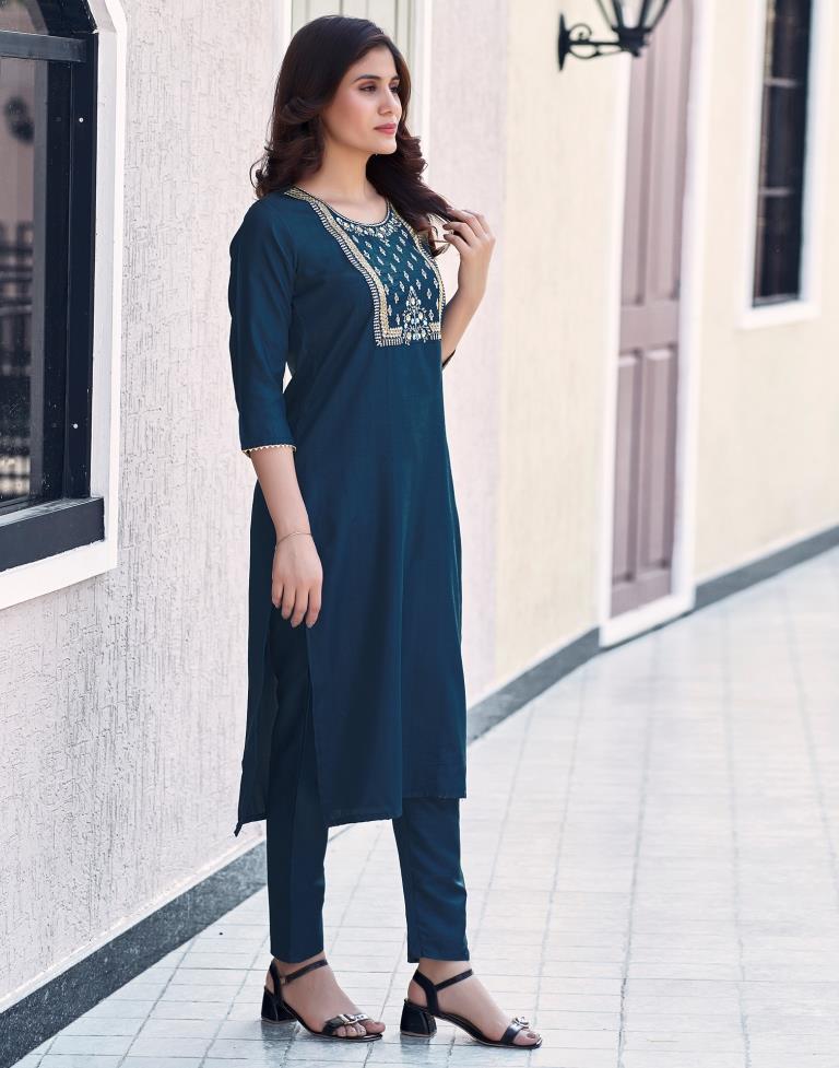 Sea Blue Silk Embroidery Straight Kurta Set