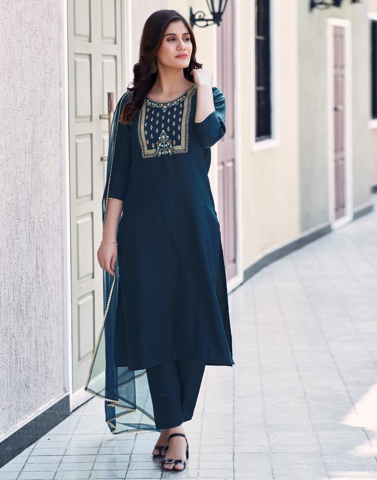 Sea Blue Silk Embroidery Straight Kurta Set