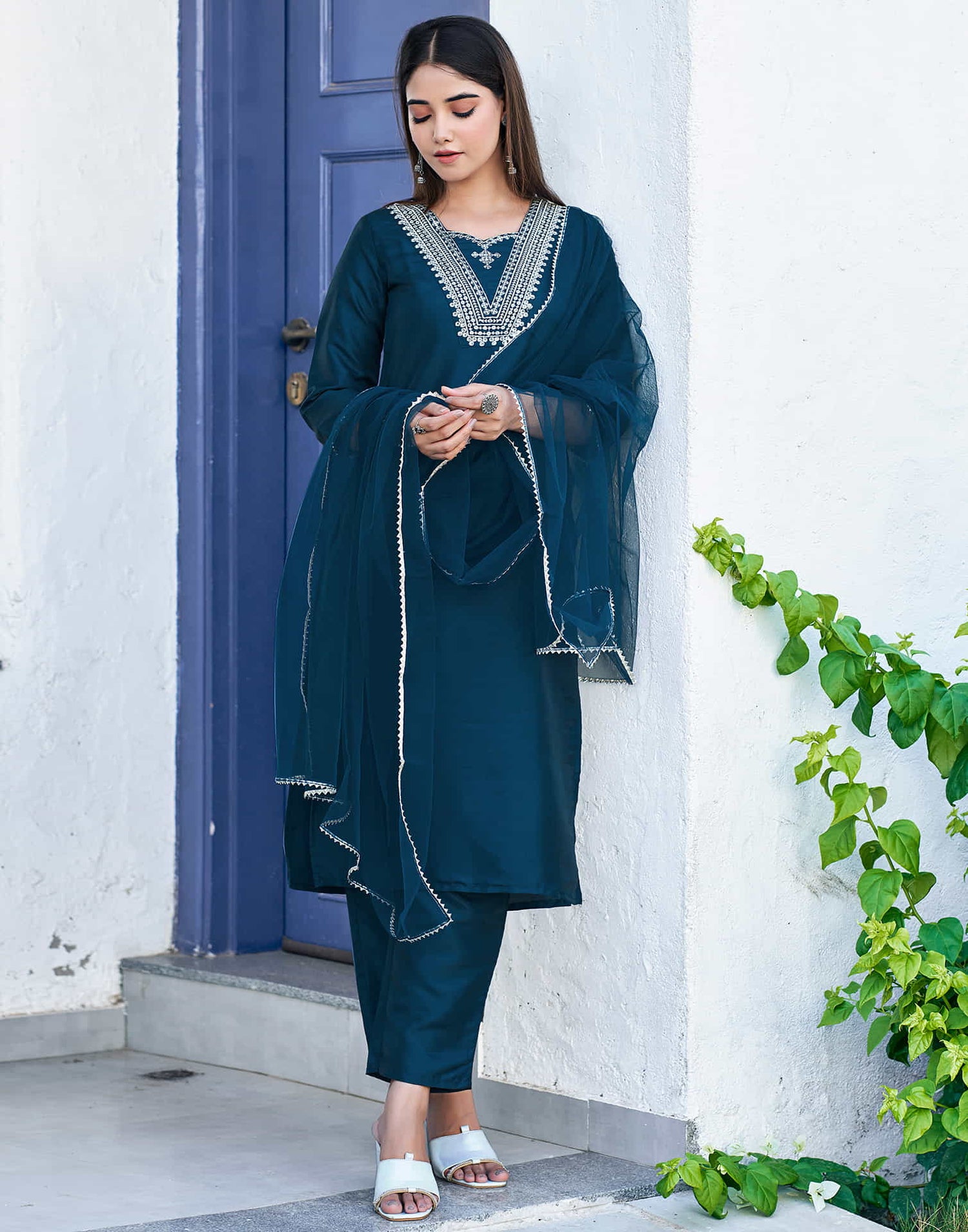 Teal Blue Sequence Silk Straight Kurta With Pant And Dupatta