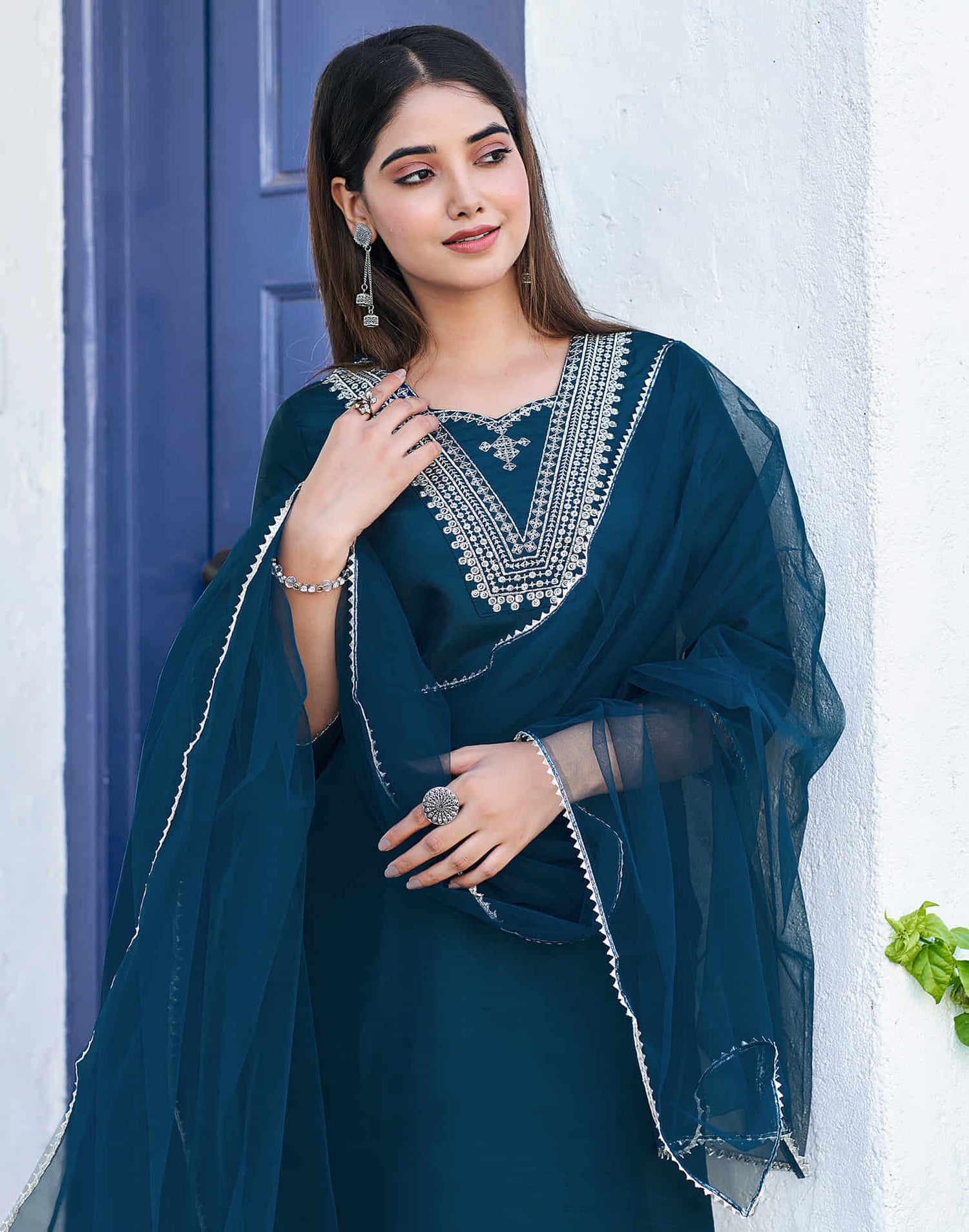 Teal Blue Sequence Silk Straight Kurta With Pant And Dupatta