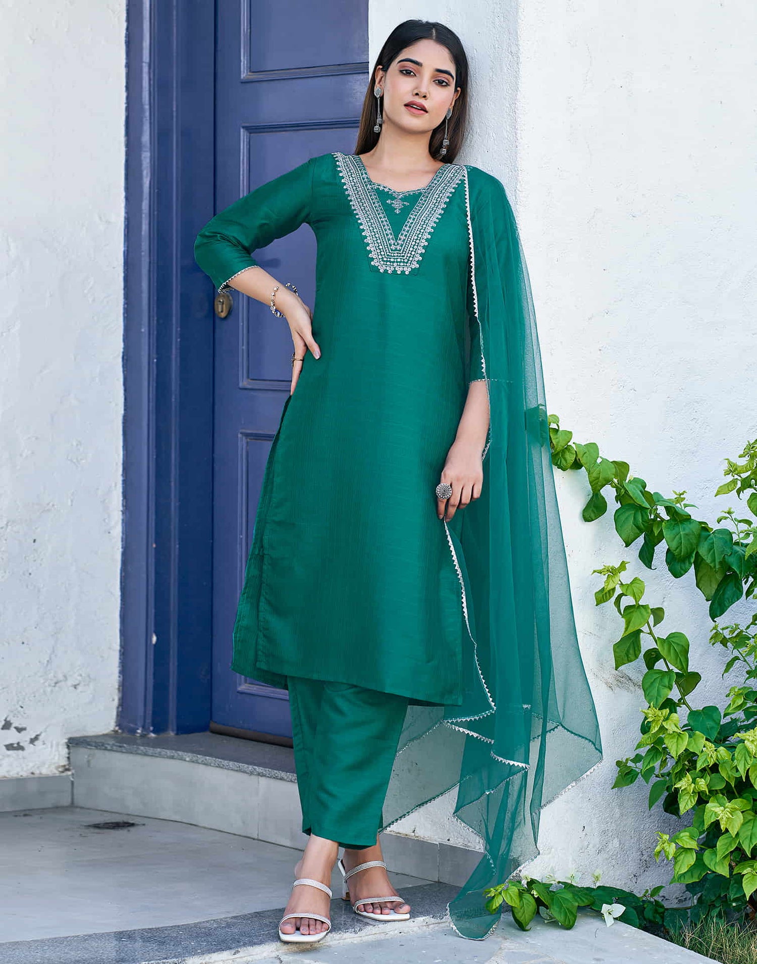 Teal Green Sequence Silk Straight Kurta With Pant And Dupatta