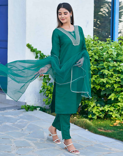 Teal Green Sequence Silk Straight Kurta With Pant And Dupatta