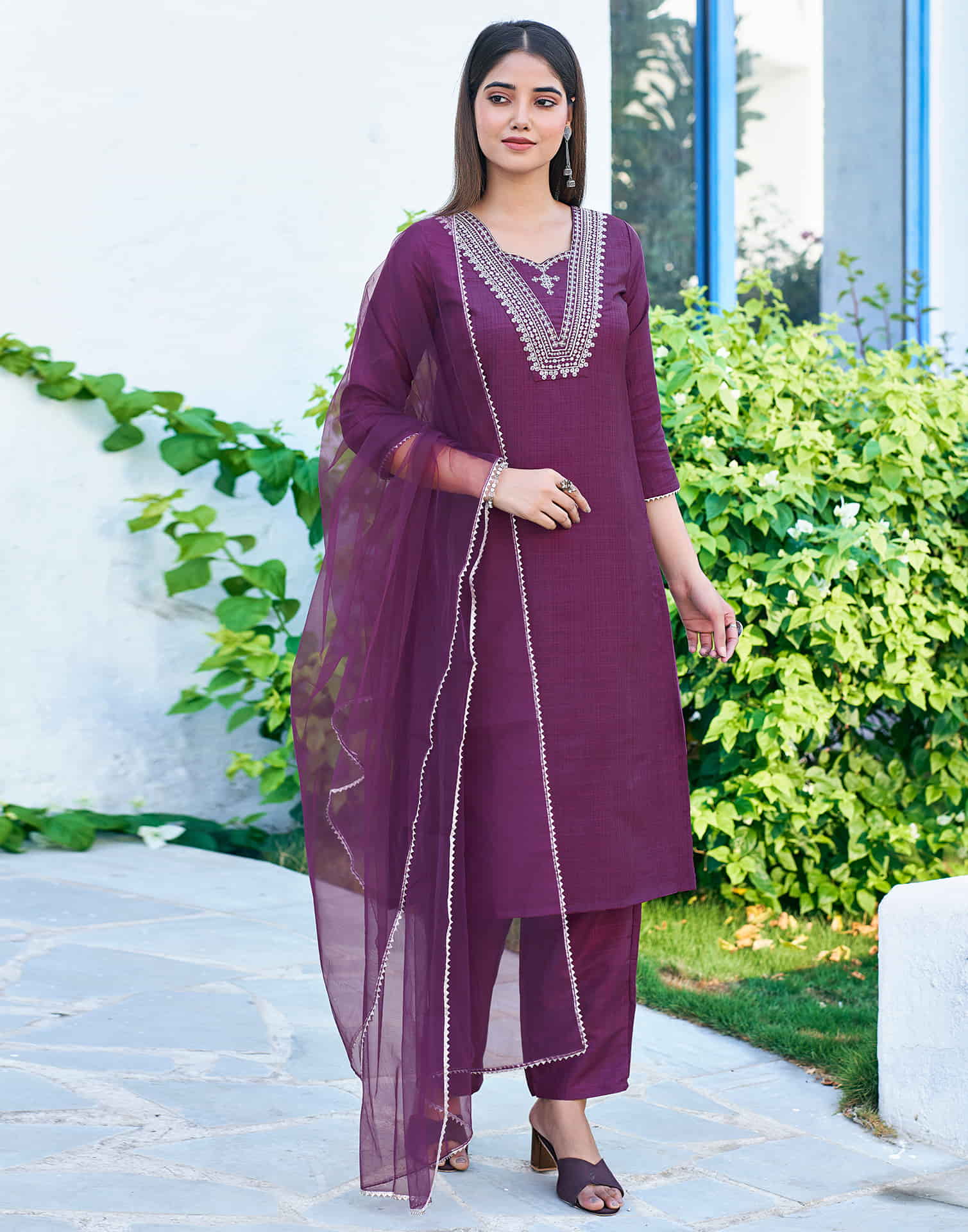 Purple Sequence Silk Straight Kurta With Pant And Dupatta