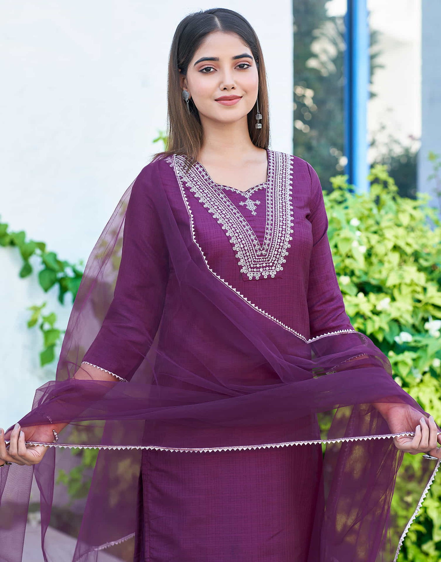 Purple Sequence Silk Straight Kurta With Pant And Dupatta