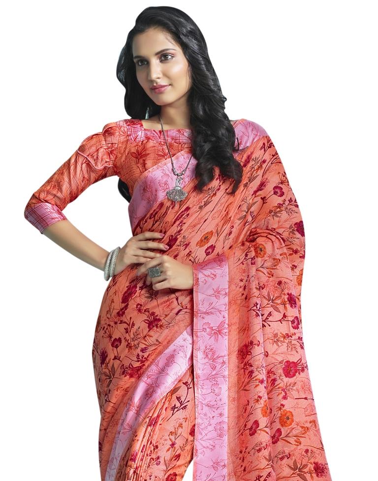 Peach Printed Cotton Saree