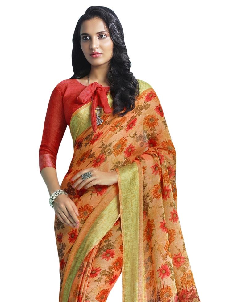 Orange Printed Cotton Saree