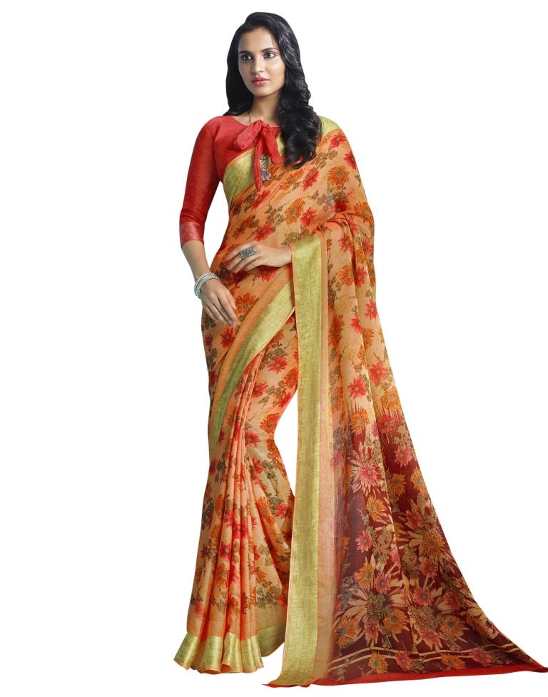 Orange Printed Cotton Saree