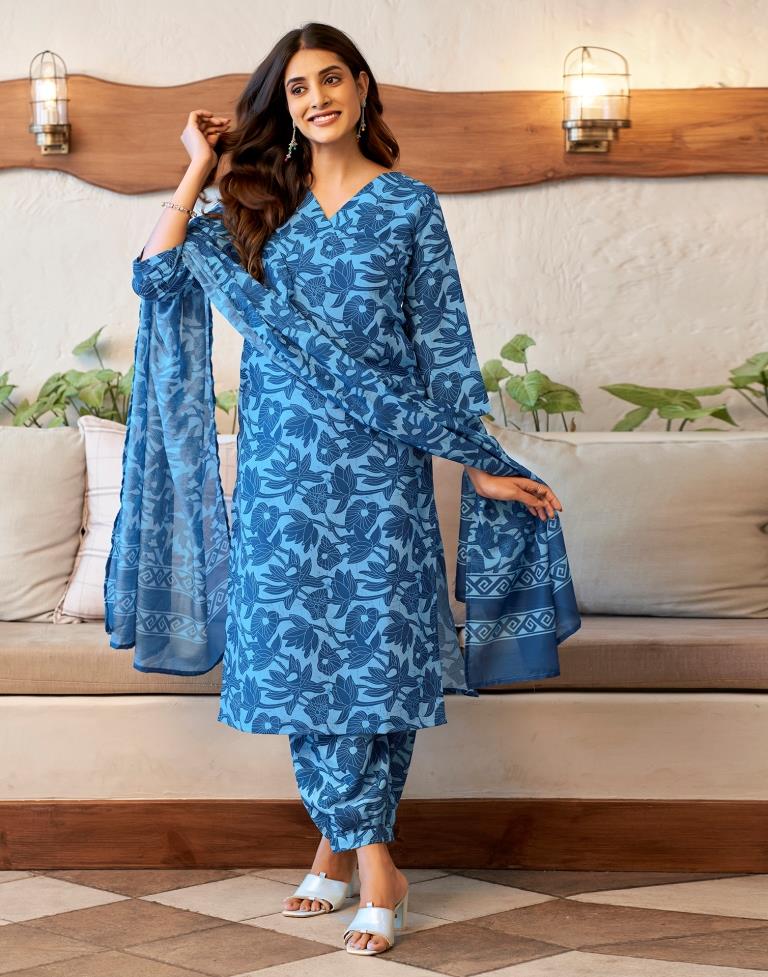 Blue Rayon Printed Kurta Set With Dupatta