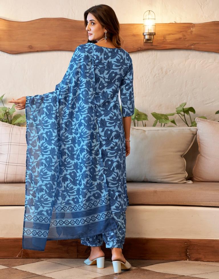 Blue Rayon Printed Kurta Set With Dupatta