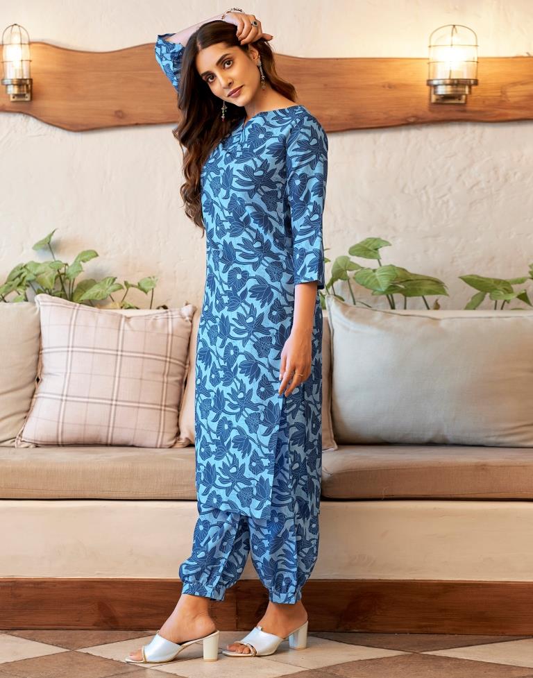 Blue Rayon Printed Kurta Set With Dupatta