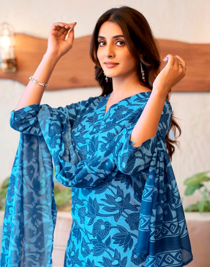 Blue Rayon Printed Kurta Set With Dupatta