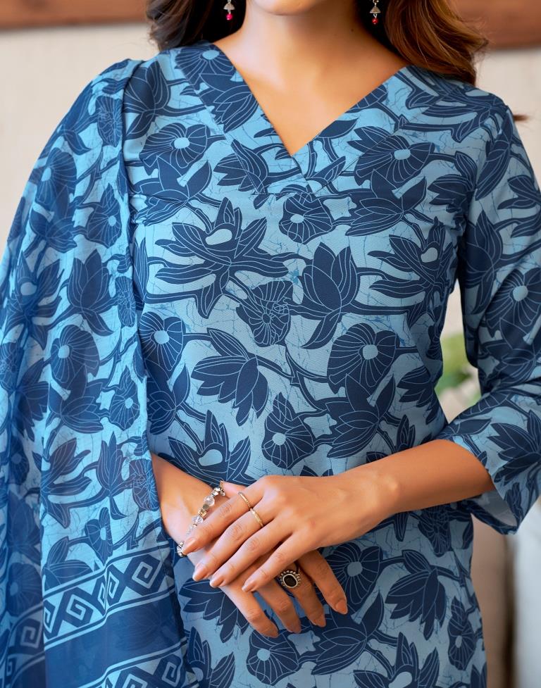 Blue Rayon Printed Kurta Set With Dupatta