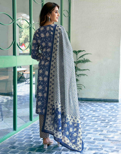 Navy Blue Printed Rayon Straight Kurta With Pant And Dupatta