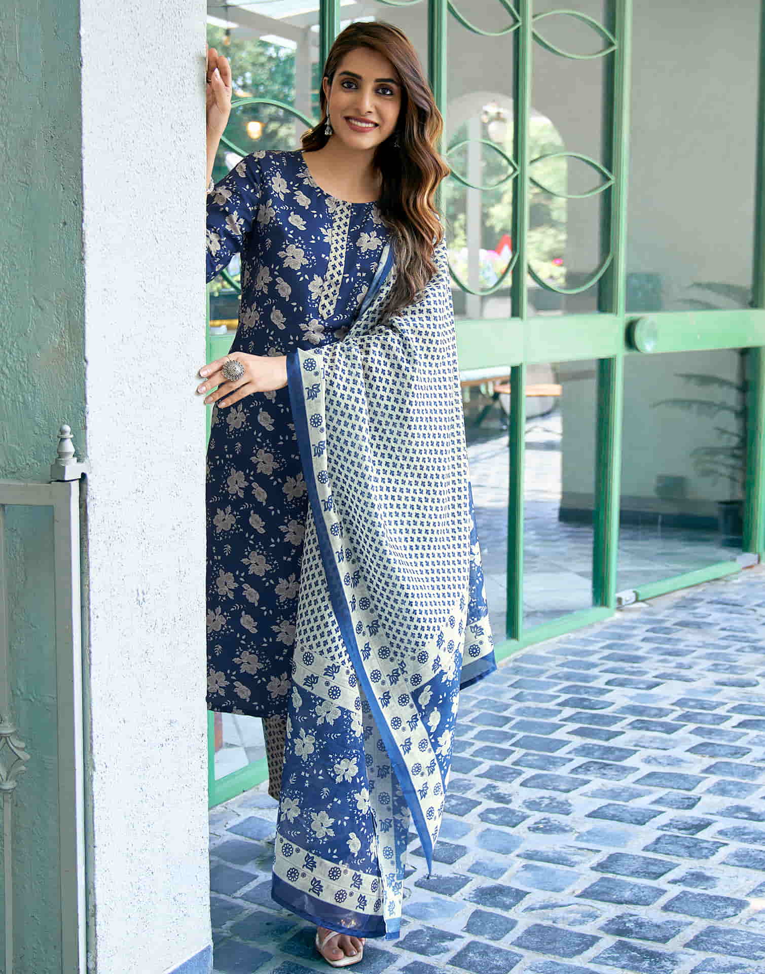 Navy Blue Printed Rayon Straight Kurta With Pant And Dupatta