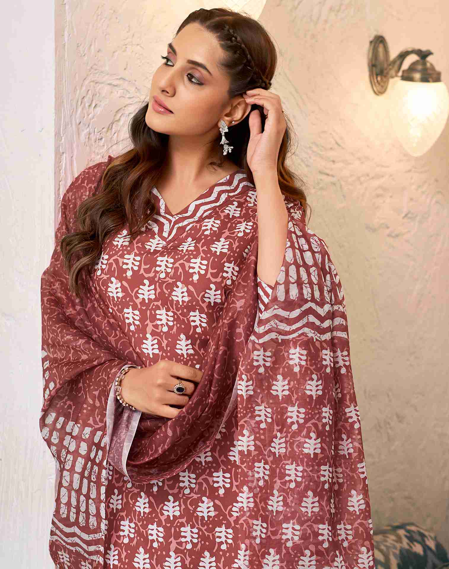 Brown Rayon Printed Kurta Set With Dupatta