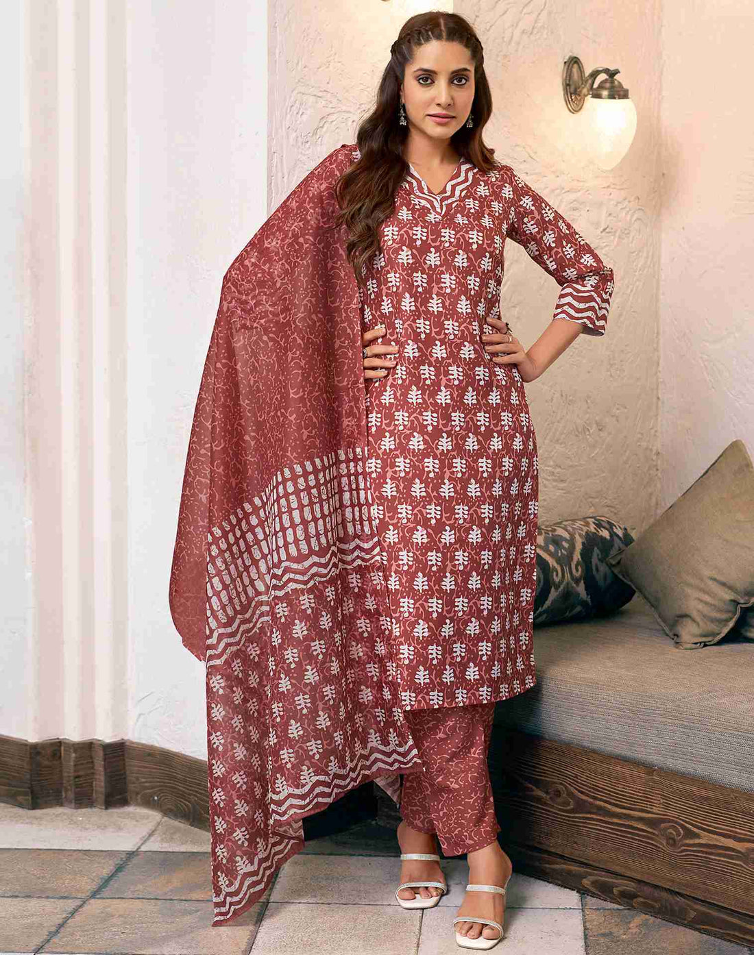 Brown Rayon Printed Kurta Set With Dupatta