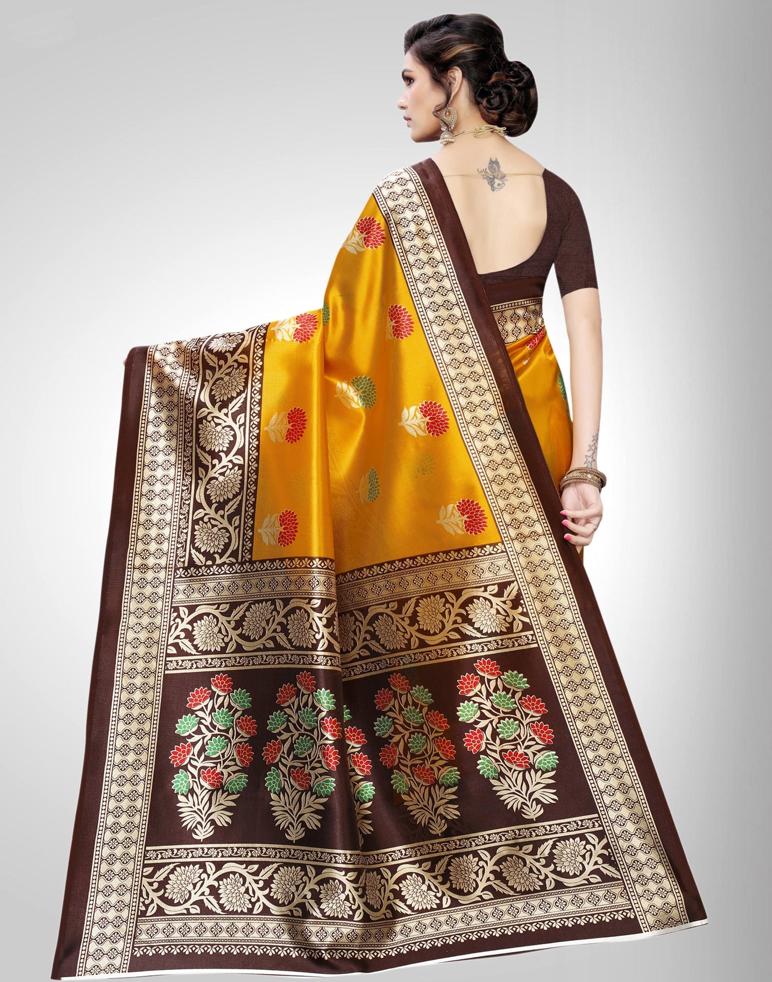Mustard Yellow Coloured Poly Silk Printed Partywear saree | Sudathi