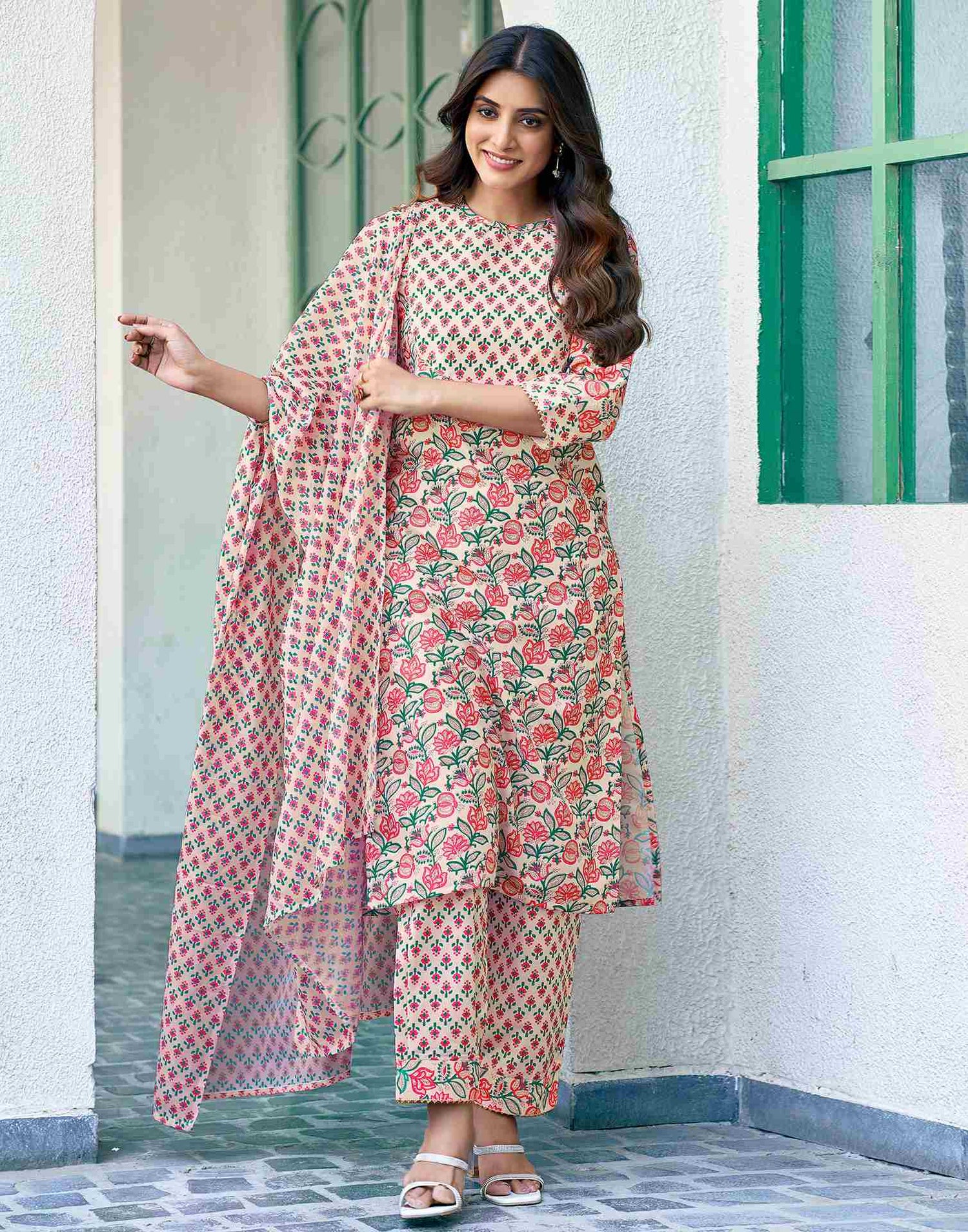 Light Rose Pink Printed Rayon Straight Kurta Set With Dupatta